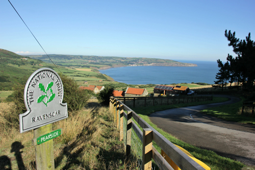 National Trust sign and view from Peakside, Ravenscar