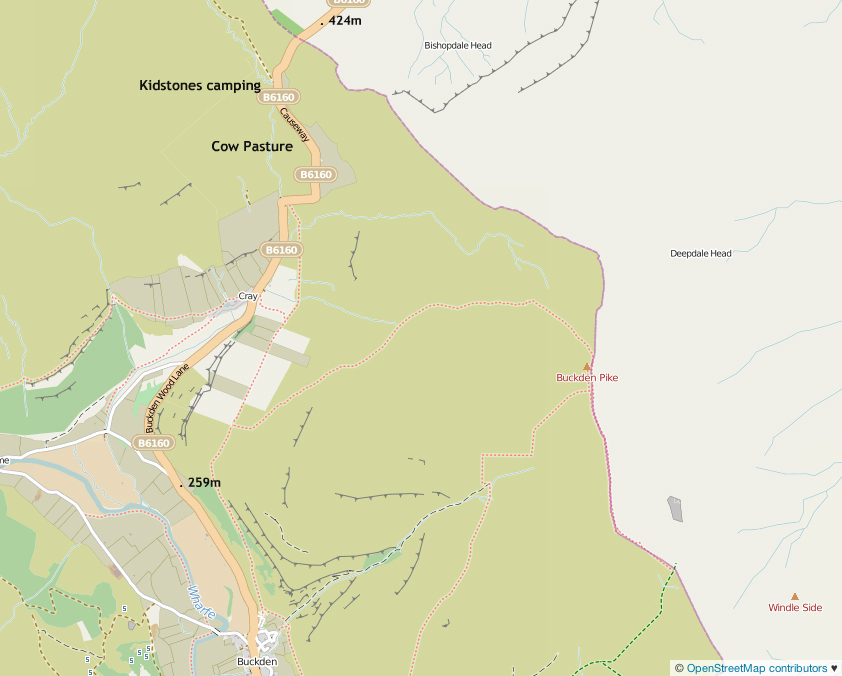 Map of the Cote de Cray climb from Buckden via Cray to Kidstones Pass