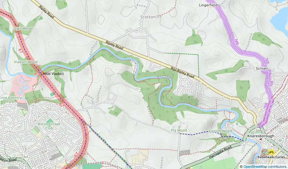 Map showing the Nidd Gorge and Viaduct