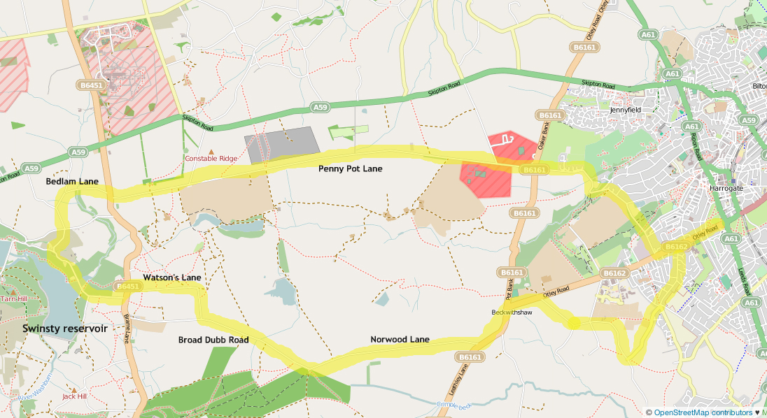 Map showing Penny Pot Lane cycle route west of Harrogate