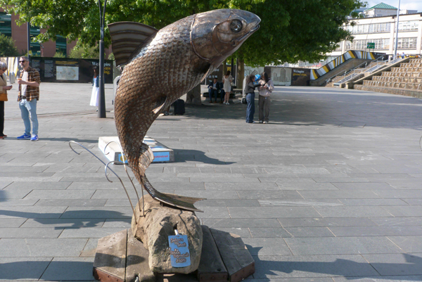 Steel Salmon statue outside Sheffield Station