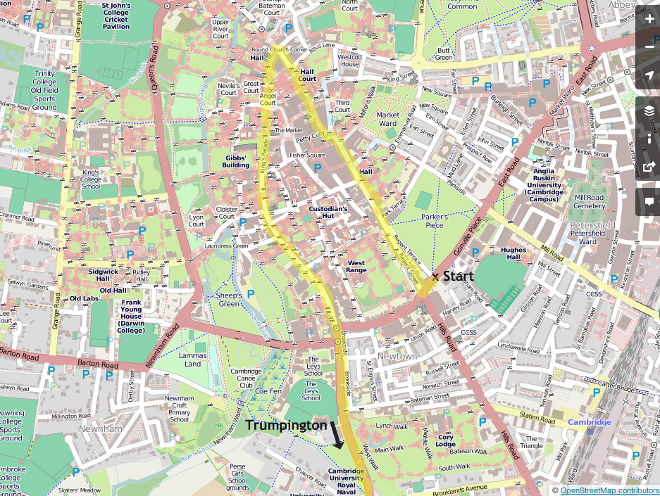 Map of Tour de France route through Cambridge