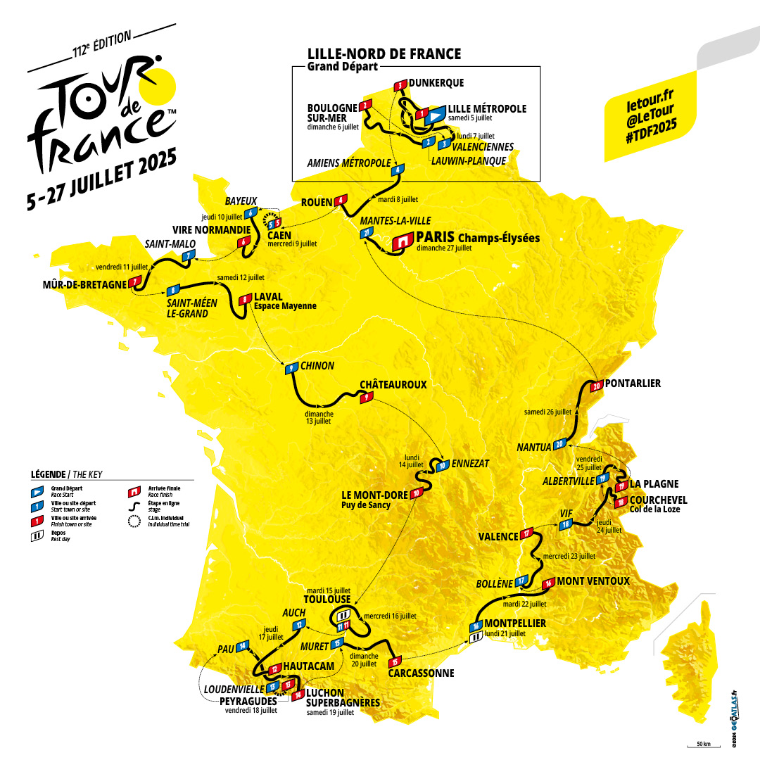 Overview map of the stages of the Tour de France 2025