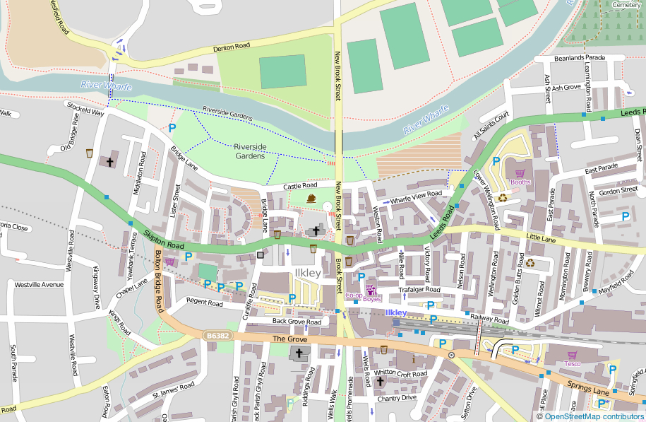 Map showing Ilkley town centre and Riverside Gardens Map showing Ilkley town centre and Riverside Gardens
