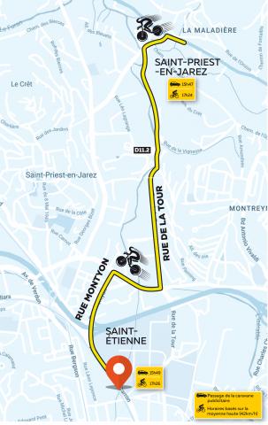 Route of Stage 13 TDF 2022 towards the finish line in Saint-Etienne