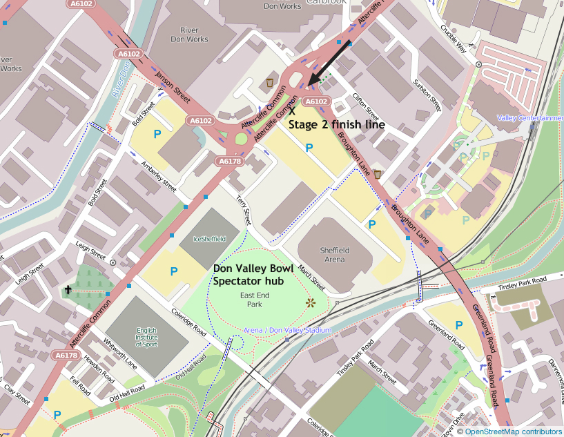 Map showing Stage 2 finish and Don Valley Bowl spectator hub Map showing Stage 2 finish and Don Valley Bowl spectator hub